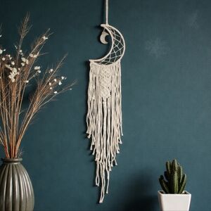 Macrame Moon Dreamcatcher Wall Hanging Boho Bedroom Nursery Decor 38" Cream